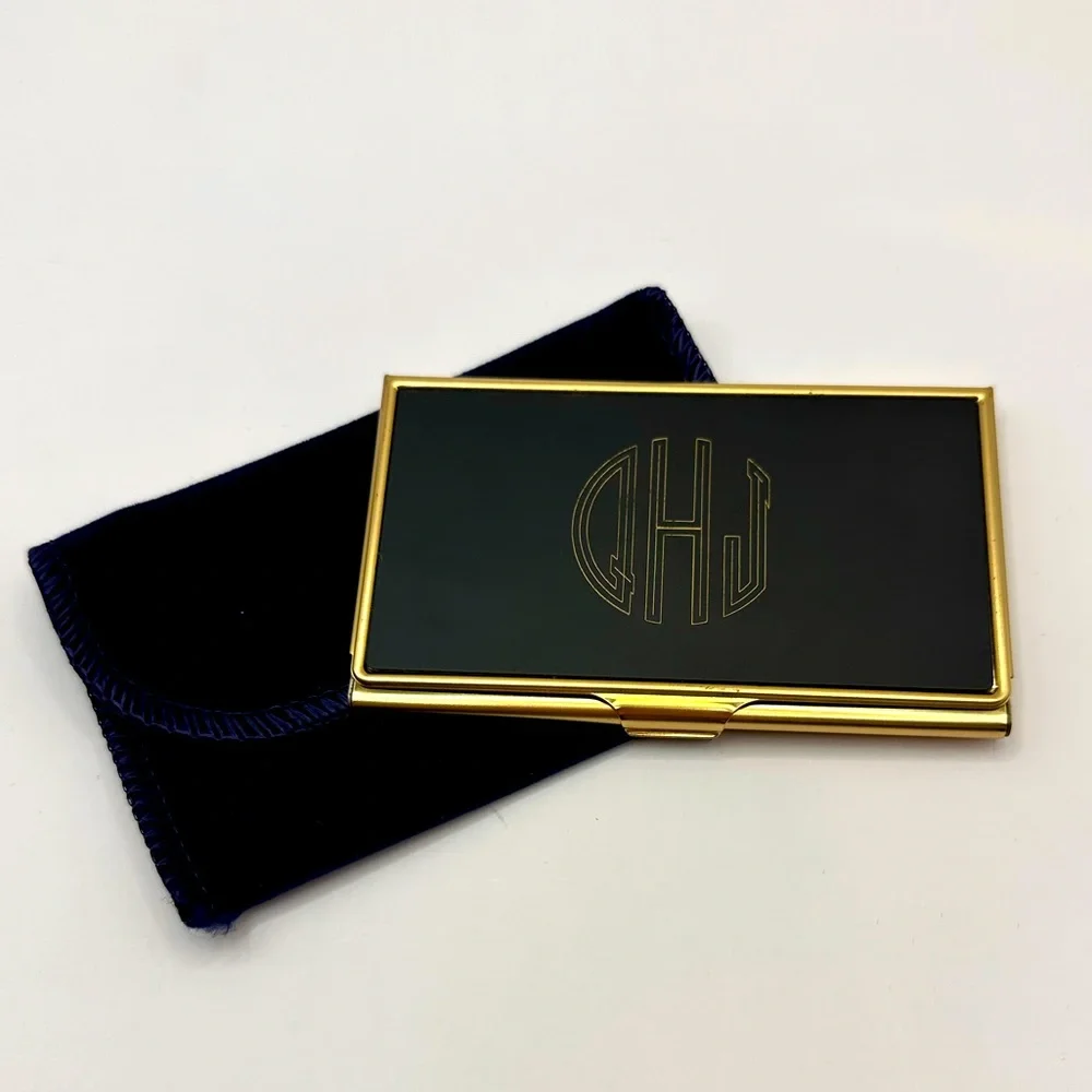 Pierre Cardin Business Card Holder Black Golden Metal Engraved 3.6” x 2.2”